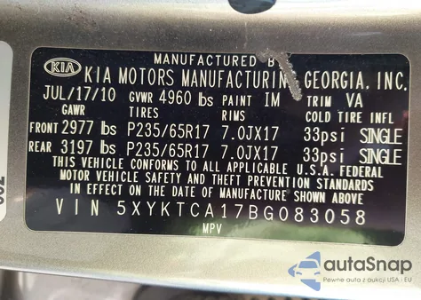 2011 Kia Sorento Lx z USA, uszkodzony, nr VIN 5XYKTCA17BG083058